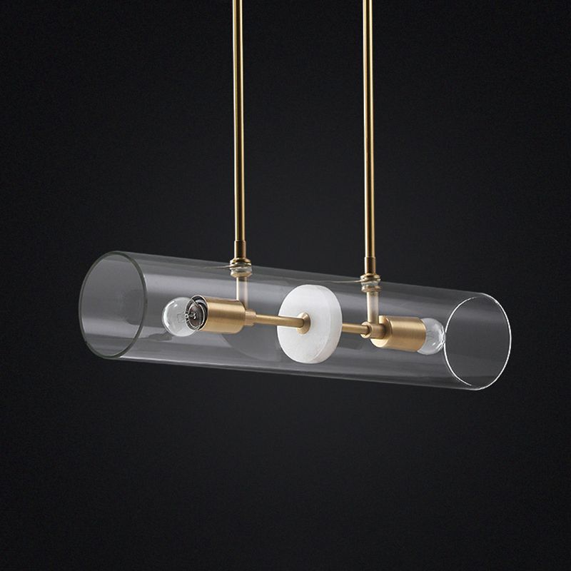 Clear Glass Horizontal Tube Island Pendant Minimalist 2 Heads Brass Finish Suspended Lighting Fixture