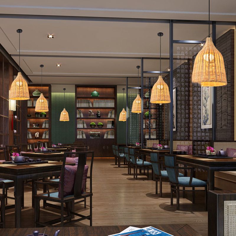 Rattan Domed Hanging Light Fixture Asia Style Pendant Ceiling Light