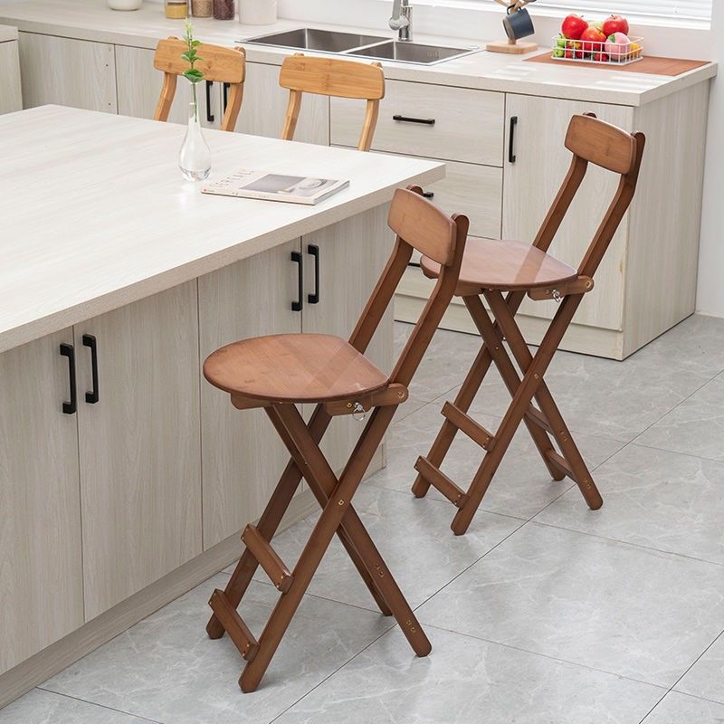 Armless Folding Counter Stool Modern Round Seat Bar Stool with Wooden Footrest