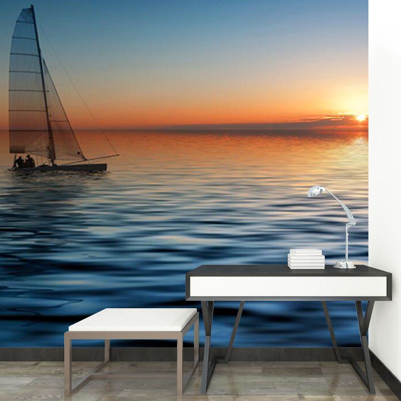 Personalized Photography Tropix Murals with Boat in the Sea at Sunset Pattern in Blue