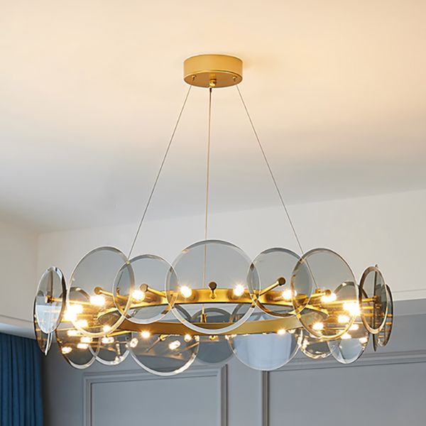 Gold Circle Chandelier Modern Multi Light Hanging Light with Glass for Bedroom