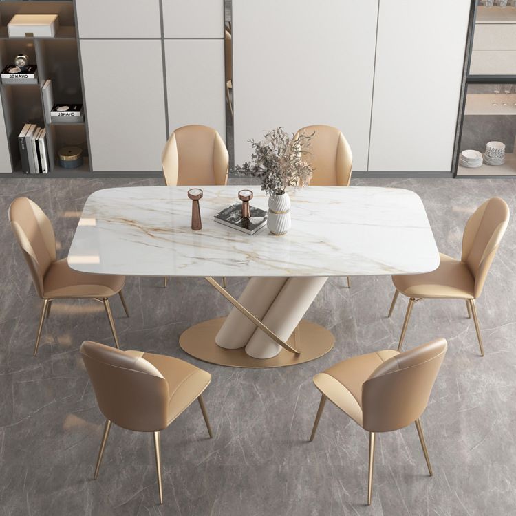 Minimalist Rectangle Dining Set for 4/6 with Glod Chairs Sintered Stone Dining Table with Metal Base