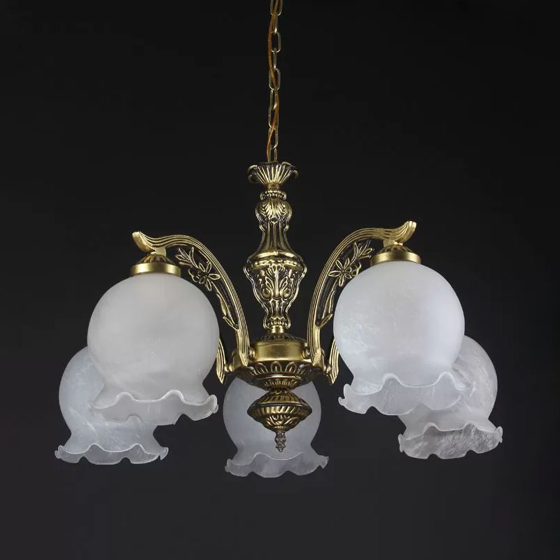 Retro Dome Shade Chandelier 5-Bulb White Glass Hanging Pendant Light with Ruffled Trim in Bronze