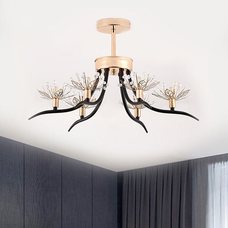 Chinese Redbud Ceiling Mounted Light Modern Style Faceted Crystal 6-Bulb Black Semi Flush Chandelier