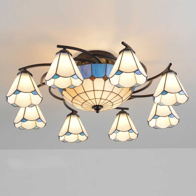 Mediterraan Bloemplafond Flush Licht bevlekte kunstglas Semi Montage verlichting voor slaapkamer