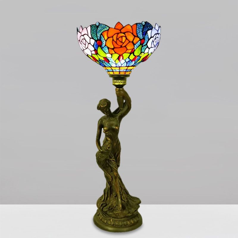 Bowl Table Lighting 1 Head Stained Glass Baroque Petal/Dragonfly Patterned Night Lamp in Brass with Resin Naked Woman Base