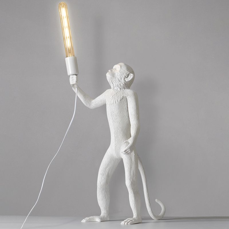 White Monkey Table Lamp Art Deco 1-Head Resin Nightstand Light with Shadeless Design
