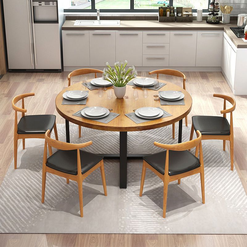 1/7 Pieces Modern Dining Set Solid Wood Round Table with Leather Chairs