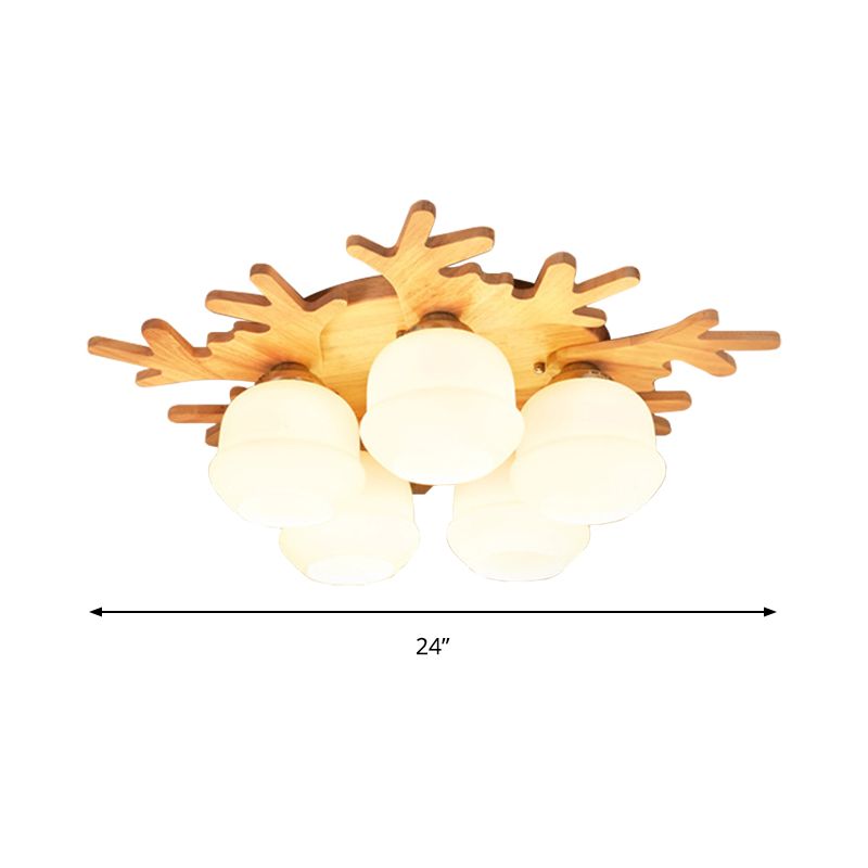 White Bud Shade Ceiling Mount Light with Beige Antlers Lovely Wooden Ceiling Lamp for Kid Bedroom