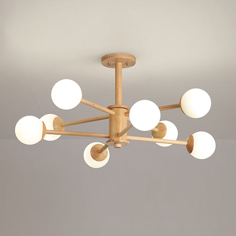 Modern Simplicity Globe Chandelier Wooden Indoor Pendant Light with White Glass Shade