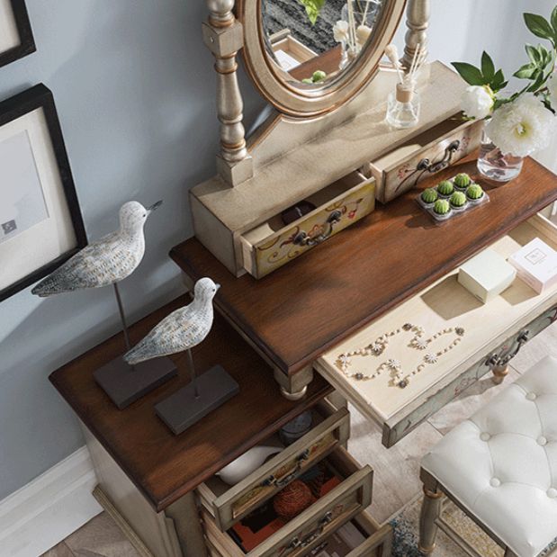 Victorian Wood Vanity Table with Mirror and Stool 15.75" D Vanity Table Set