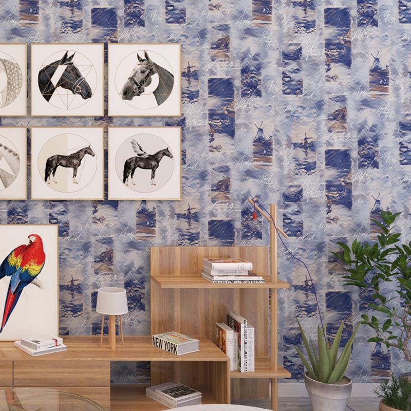 Art Dark Blue Non-Woven Wallpaper Textured Ship and Script Print Unpasted Wall Decor
