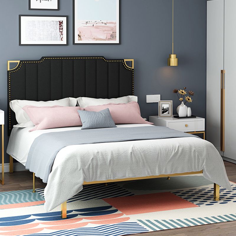 Nailhead Upholstered Bed with Headboard Metal Bed Frame in Gold