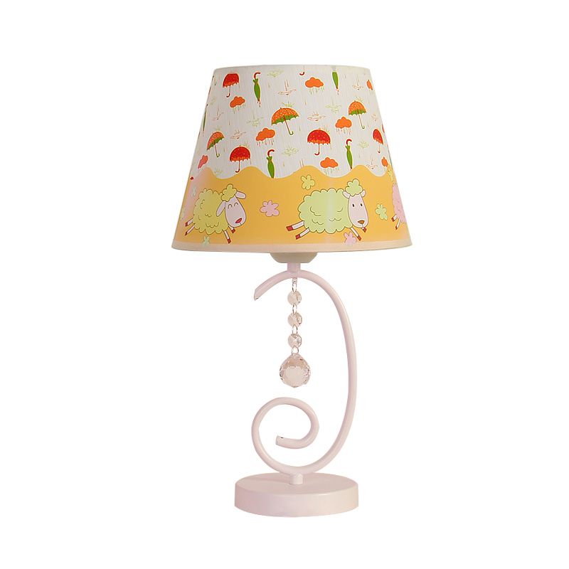 Barrel Bedroom Table Light Fabric 1 Bulb Cartoon Night Lamp in White with Crystal Drop and Sheep/Loving Heart/Elephant Pattern