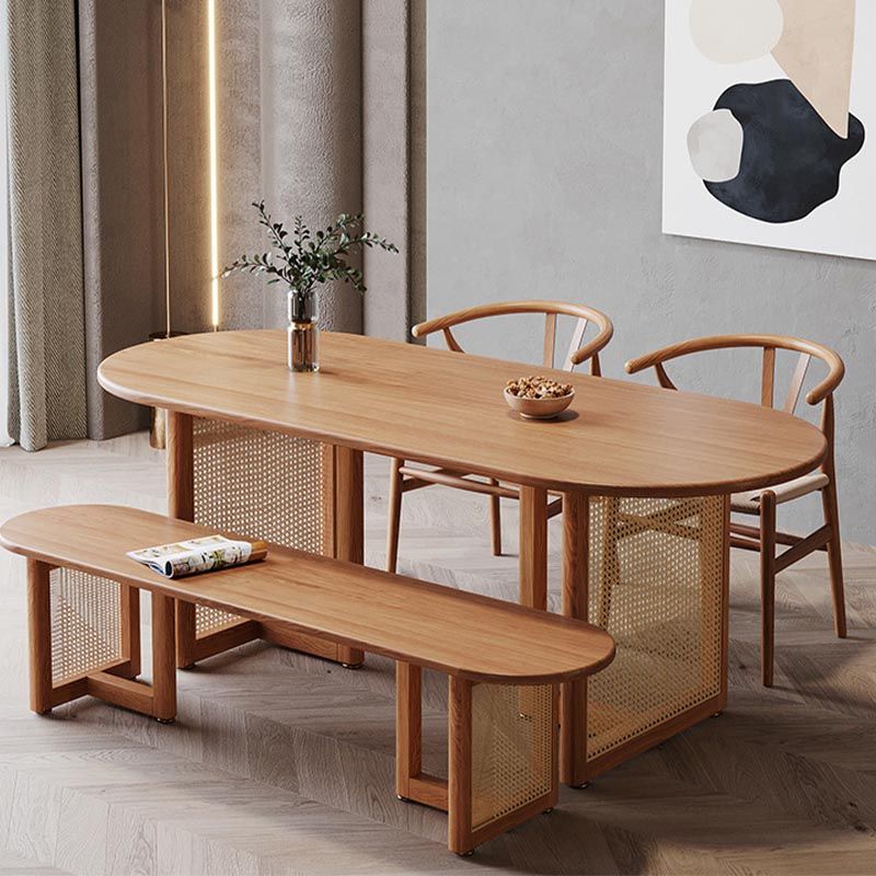 Modern Dining Table Solid Wood Top Dining Table with Double Rattan Base for Living Room
