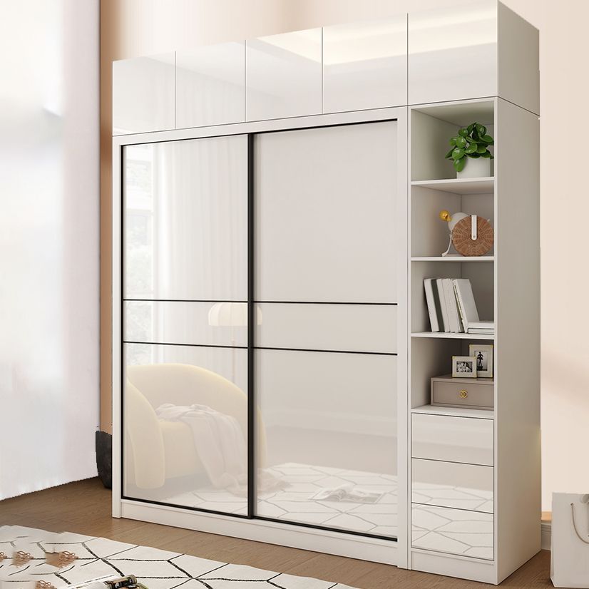 White Mirrored Finish Wardrobe Cabinet Modern Engineered Wood Wardrobe