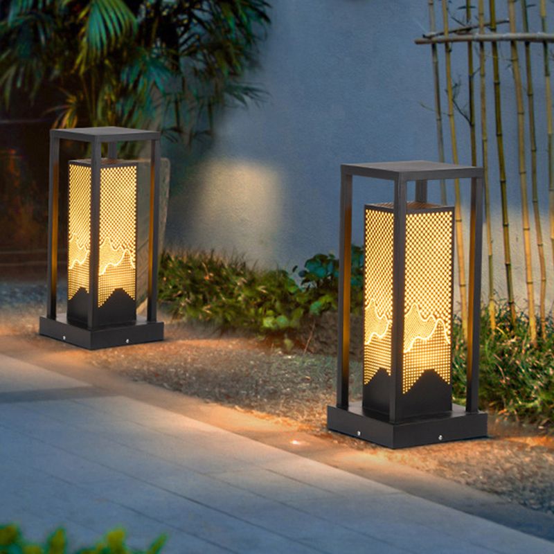 Modern Metal Pillar Lamp Rectangle Outdoor Waterproof Light in Black