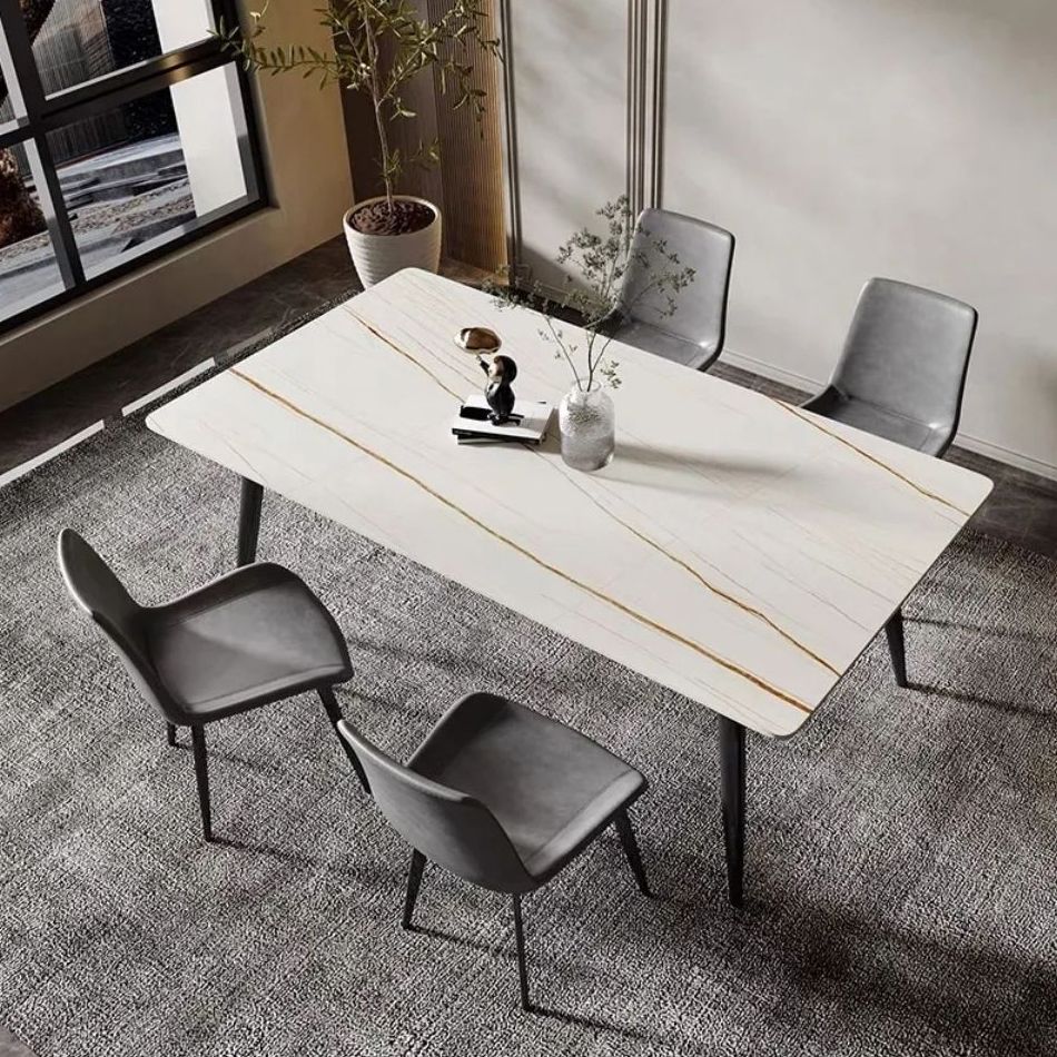 Modern Style Sintered Stone Dining Table with Rectangle Shape Table and 4 Black Legs Base