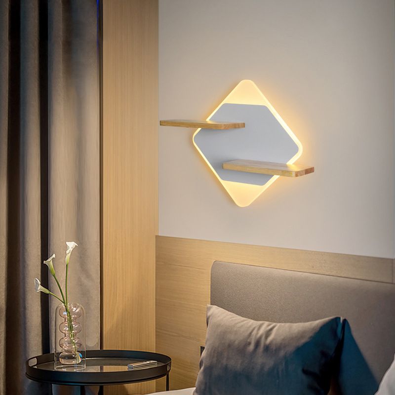 Geometric Shaped Wall Light Modern Acrylic Bedroom LED Sconce Light with Wooden Rack