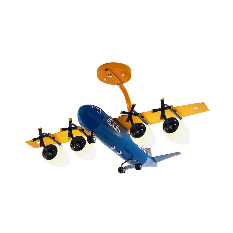 Airplane Kids Room Semi Flush Light Metallic 4 Lights Cartoon Flush Mount with Bullet Opal Glass Shade in Blue/Yellow