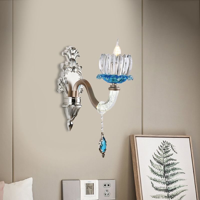 Clear Glass Floral Wall Light Modern Style 1/2-Light Chrome Finish Sconce Lamp with Metal and Crystal Arm