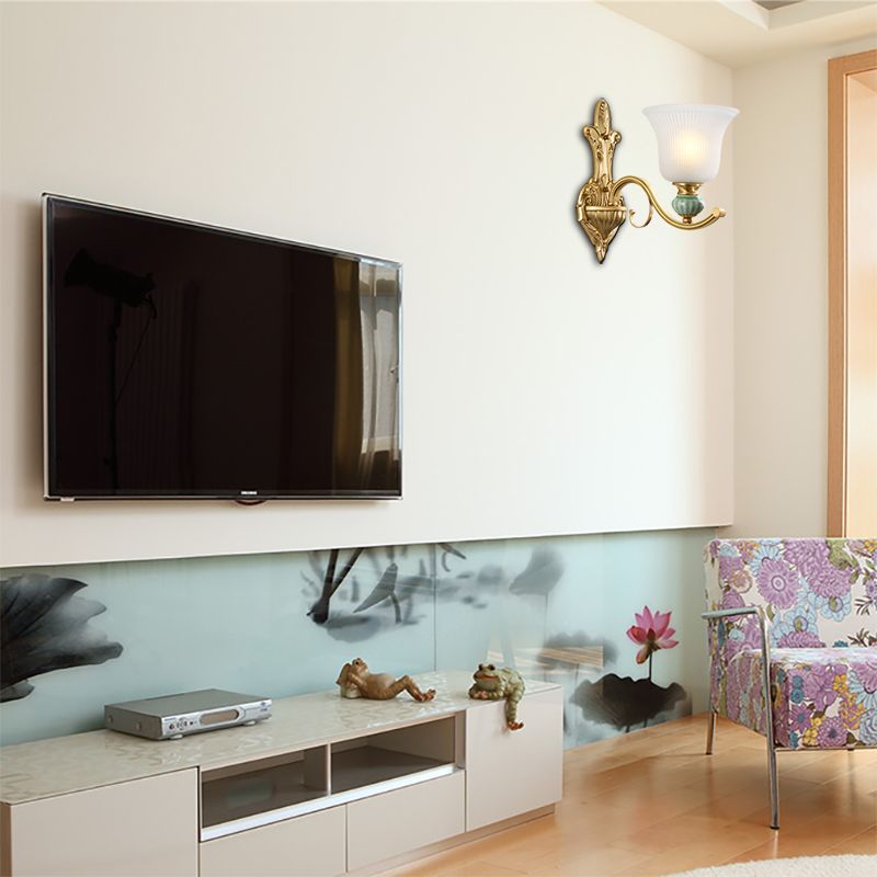 Modern Style Bell Wall Mount Light 1/2-Bulb Frosted Glass Wall Light with Golden Curved Arm and Ceramic Deco