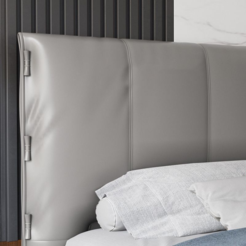 Wooden Modern Grey Bed Frame with Headboard, Genuine Leather Panel Bed
