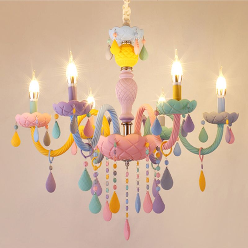 Bedroom Macaron Pendant Light in Modern Creative Style Wrought Iron Chandelier with Crystal Decoration