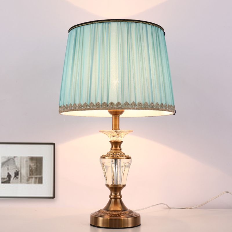 Drum Shade Crystal Reading Light Modernism Fabric 1 Head Nightstand Lamp in Blue/Beige