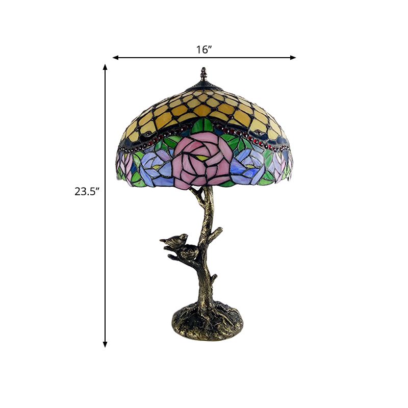 Stained Glass Brass Table Light Leaf/Rose/Peony Single Head Tiffany Style Nightstand Lamp for Bedroom
