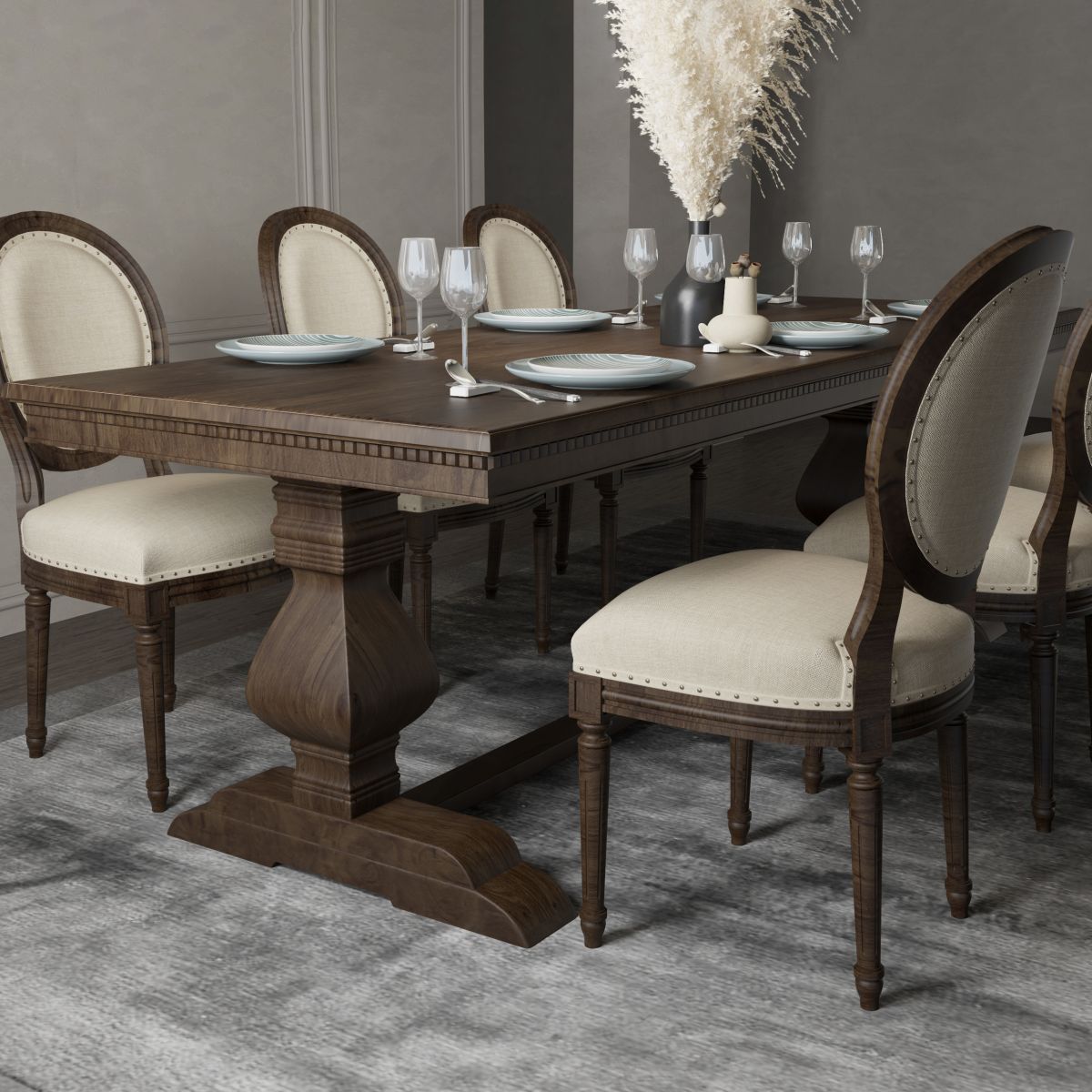 Mid-Century Modern Rectangle Table Solid Wood Dining Table with Trestle Base
