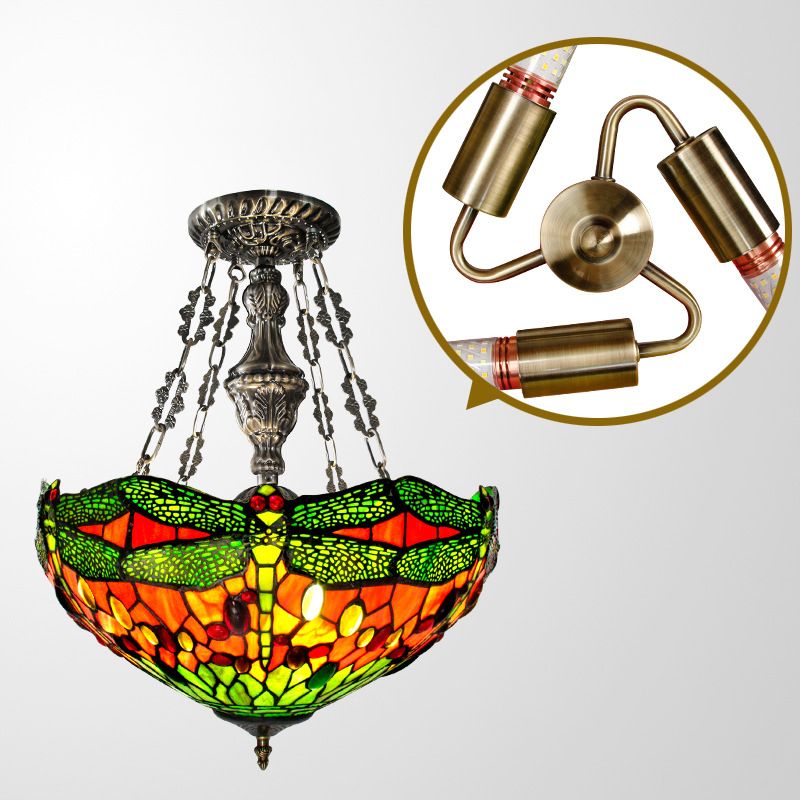 Groene 3 lichten Suspensie Lamp Tiffany gebrandschilderd glazen kom kroonluchter met libelpatroon en edelsteenachtige cabochons