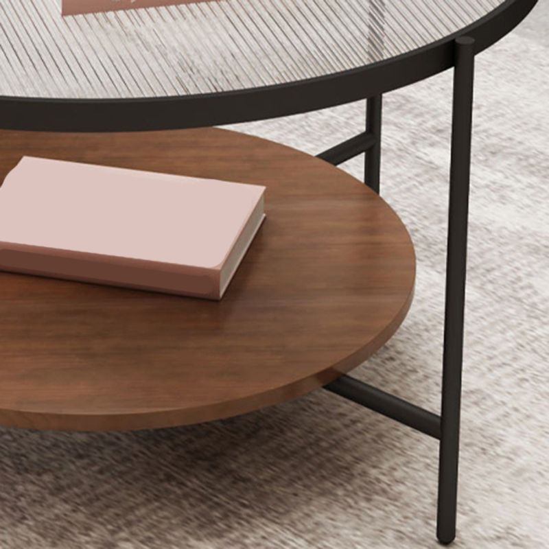 17.7" H Modern Round Glass Coffee Table Steel 4 Legs Cocktail Table with Shelf