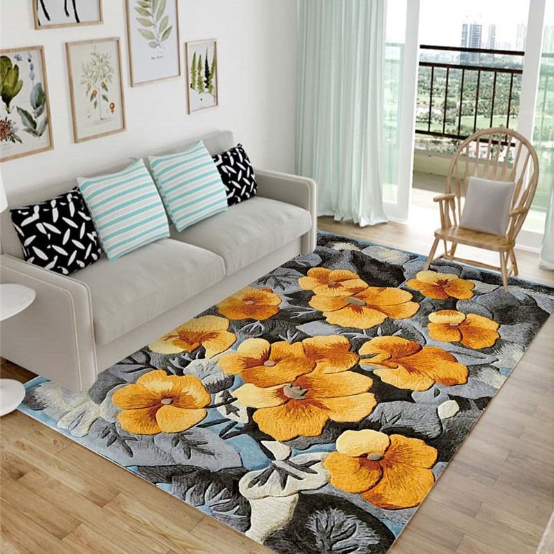Modern Living Room Carpet Plant Pattern Polyester Area Rug Non-Slip Backing Rug