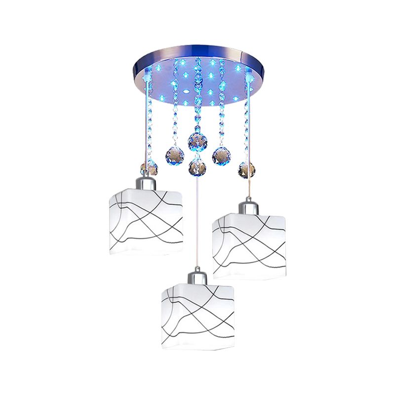 Weiß 3 Lichter Multi -Light -Anhänger Minimaler Kristallkugel quadratischer Hanglampe mit runden Baldachin