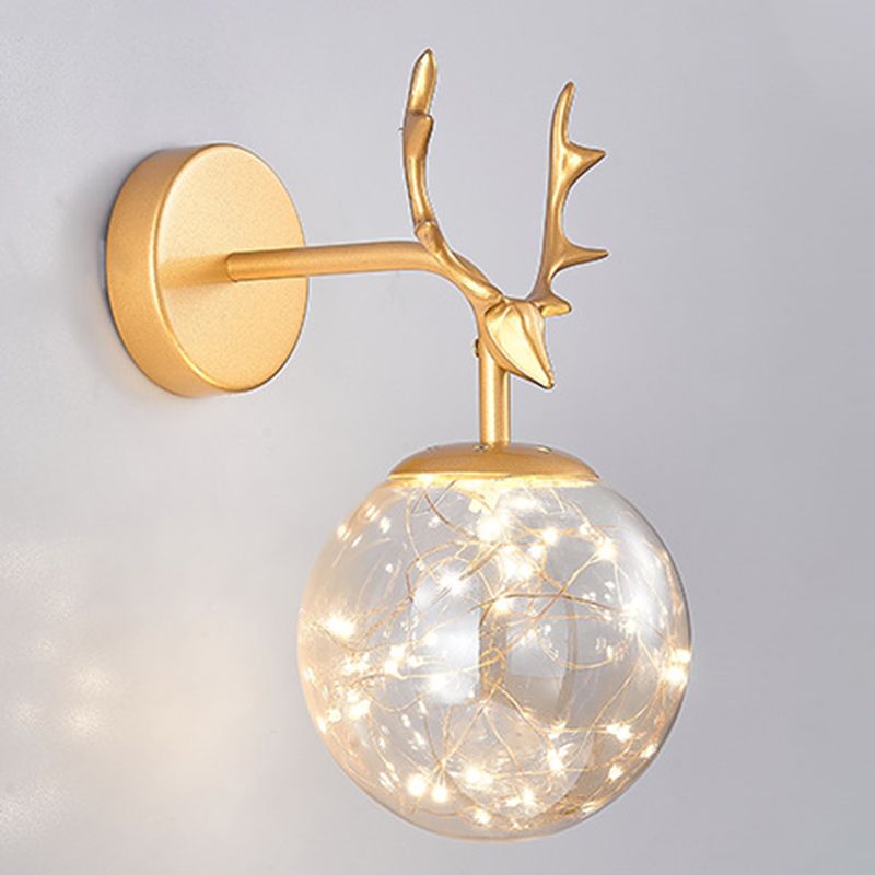 Glass Globe Wall Sconce in Modern Luxury Style Wrought Iron Wall Lamp with Antler Decoration