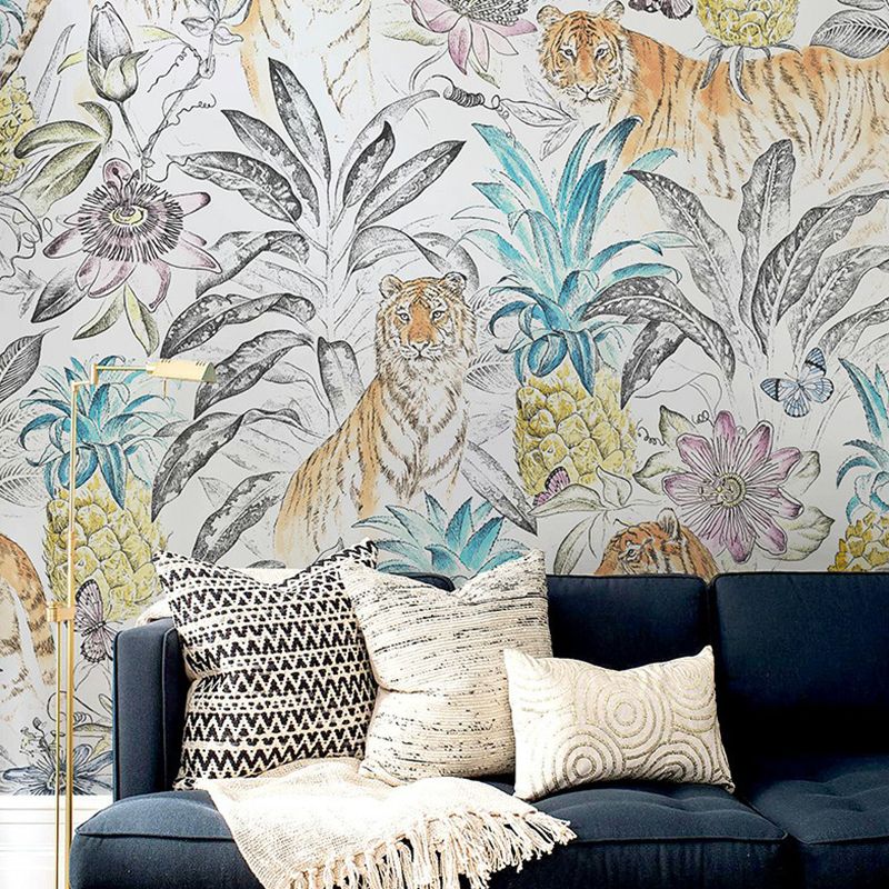Tropical Tigers and Plant Mural for Home Decor Customized Wall Covering in White