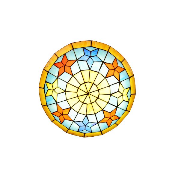Tiffany Bowl Forme Flush Mount Light with Star Stained Glass Yellow Ceiling Lamp for Bedroom
