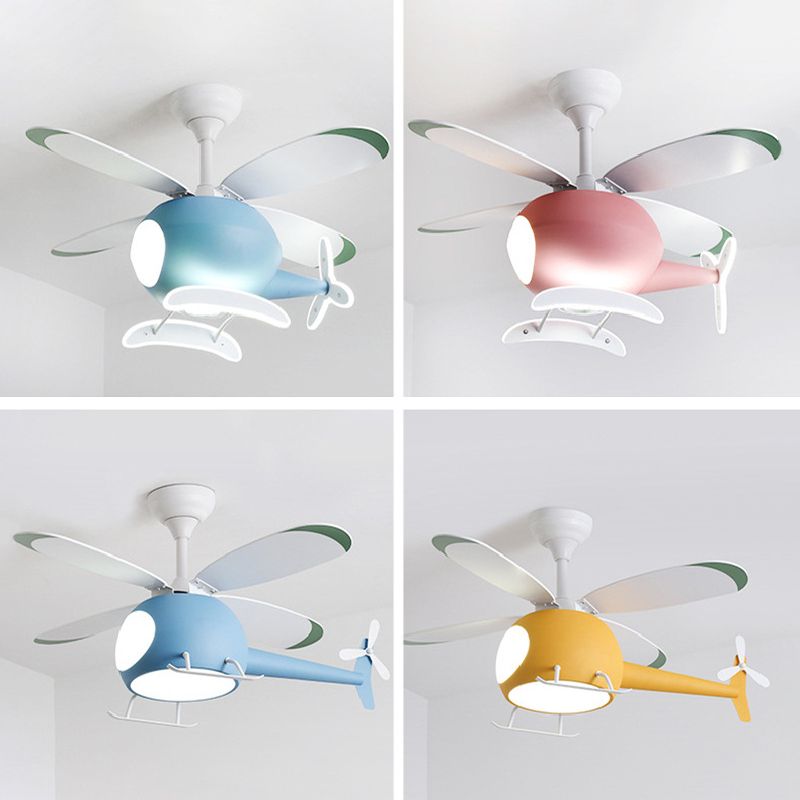Wooden LED Fan Pendant in Kids Creative Style Iron Airplane Hanging Lamp with Acrylic Shade