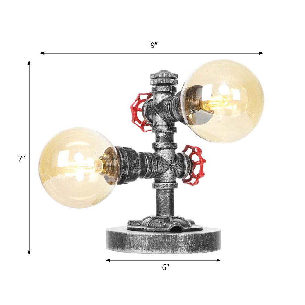 Lámpara de mesa industrial con pantalla redonda, 2 luces, luz de escritorio de vidrio transparente/ámbar en plata antigua con base