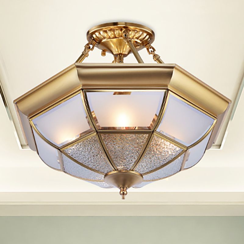 3/4-Light White Glass Semi Flush Colonialist Brass Inverted Living Room Close to Ceiling Lighting, 16"/19.5" W