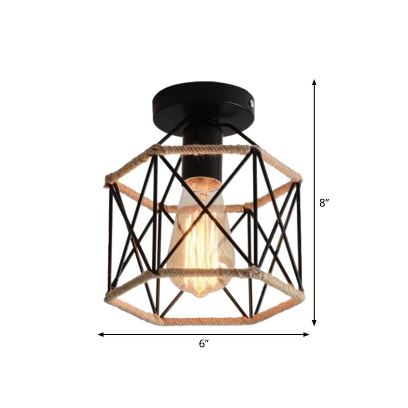 Zwart 1-lamp semi-inbouwlamp Lodge-stijl metaal en touw Globe/Diamant kooi-plafondarmatuur voor gang