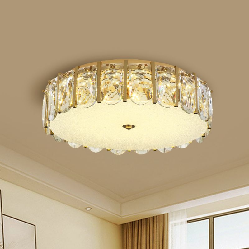 Drum Ceiling Mounted Light Modern Clear Crystal LED Bedroom Flush Lamp in Stainless-Steel