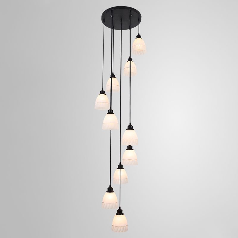 Bell Suspension Light Contemporary White Glass 10 Heads Scale Multi Light Ciondolo in nero
