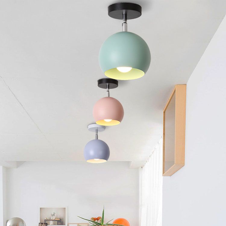 1 Light Metallic Semi-Flush Mount Light Macaron Blue/Pink Globe Shade Balcony Rotatable Ceiling Lamp