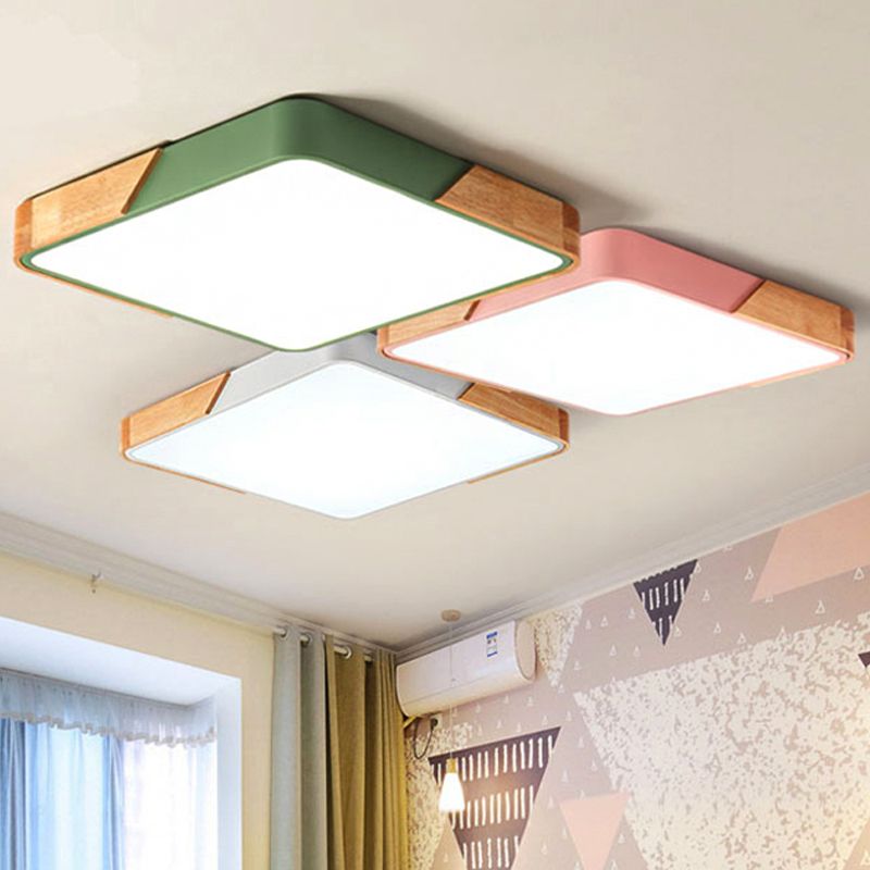 Plafonnier carré de chambre à coucher, éclairage encastré vert nordique avec abat-jour en bois et acrylique pour enfants