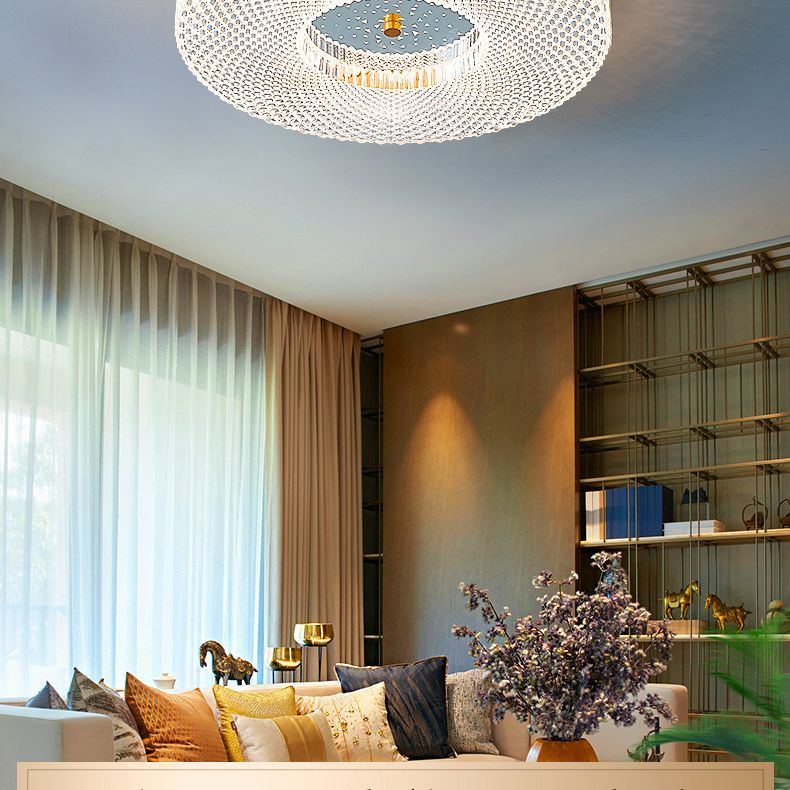 Circular Bedroom Flush Ceiling Light Lattice Crystal Minimalist LED Flush Mount Fixture in Brass