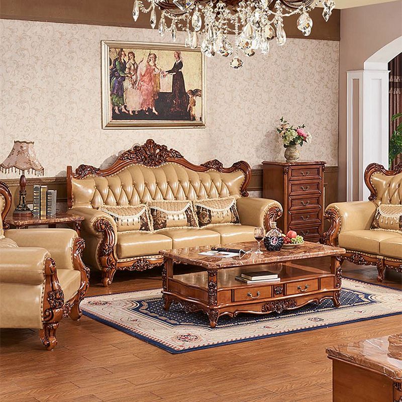 Mid Century Modern Genuine Leather Tufted Back Rolled Arm Sofa For Living Room