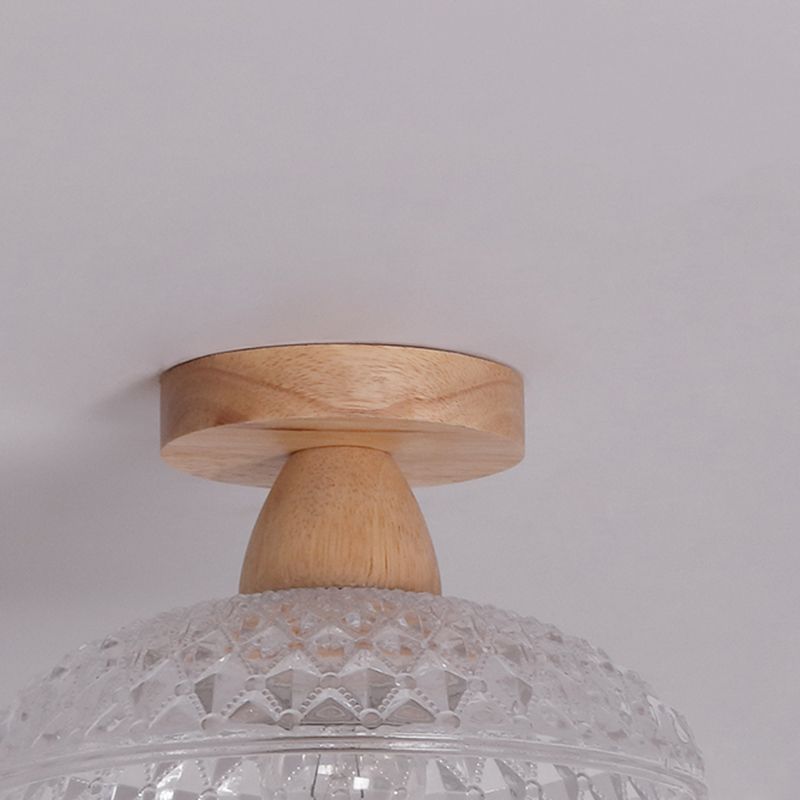 Simple 1-Light Ceiling Light Wooden Ceiling Mount Light with Glass Shade for Living Room