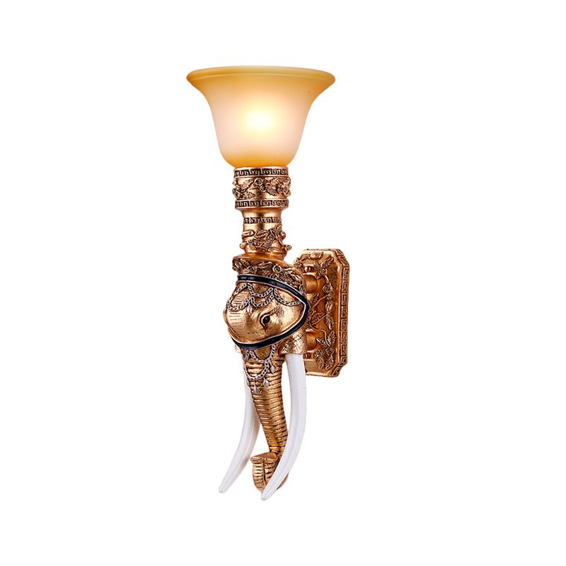 Golden Elephant Sconce Lamp Colonial Style Resin 1 Bulb Corridor Wall Lighting with Amber Glass Bell Shade